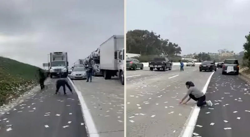 பணமழை பொழிந்த டிரக் - மகிழ்ச்சியில் மக்கள் 